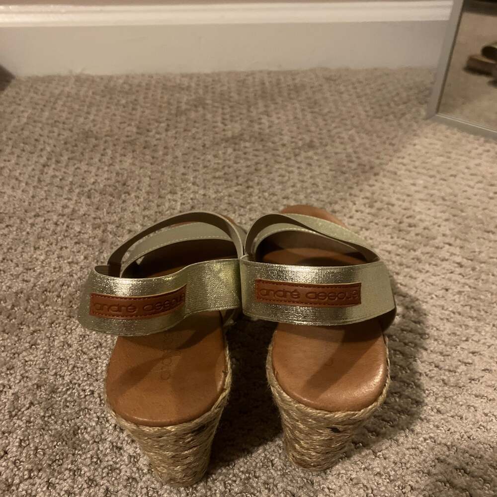 André Assous Allison Metallic Stretch-Strap Wedge Espadrilles in Platino